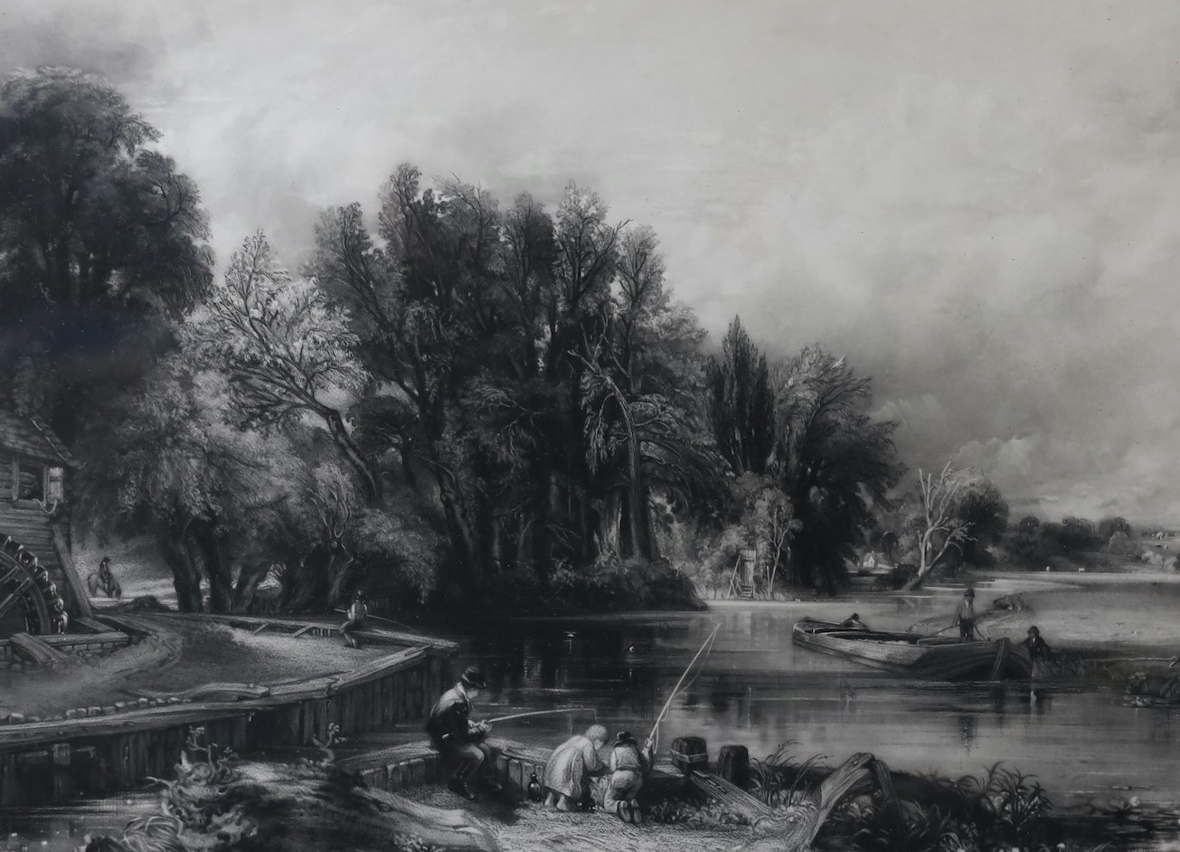 David Lucas after John Constable, open-lettered proof print, 'Stratford Mill - The Young Waltonians', published in 1840 (Shirley No.38), Agnews label verso, 30 x 42cm